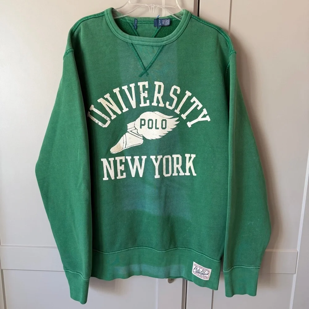 Ralph Lauren Polo University NY P-Wing Green Fleece Small Sweatshirt Preppy